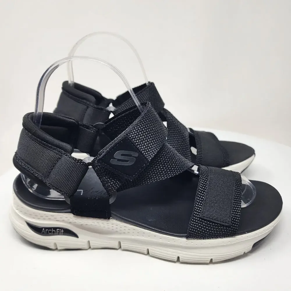 Skechers Arch Fit Casual Retro Sandals Women 8 Black Nylon Z-Strap 119237-BLK - Picture 3 of 12